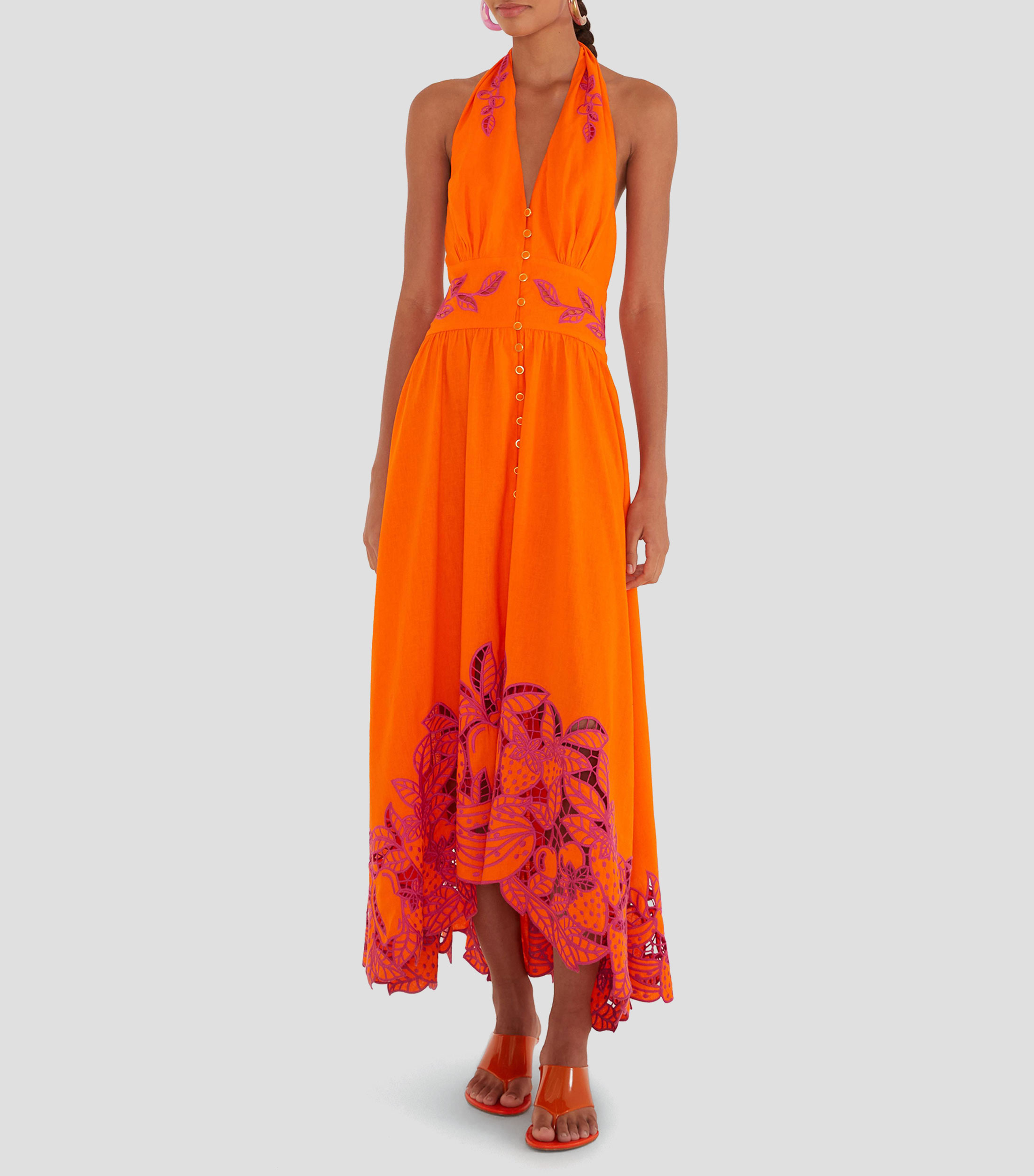 Vestido largo liso con bordado Mujer